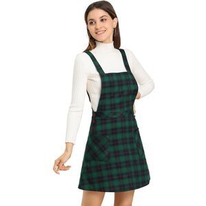 Plaid Tartan Button Decor A-Line Pinafore Overall Dress Green